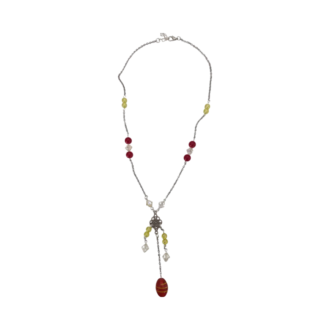 Necklace - 19 inches Accent glass bead with assorted color beads on Stainless Steel Cable Link Chain