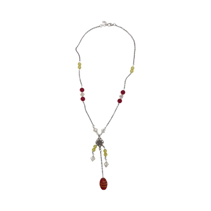 Necklace - 19 inches Accent glass bead with assorted color beads on Stainless Steel Cable Link Chain