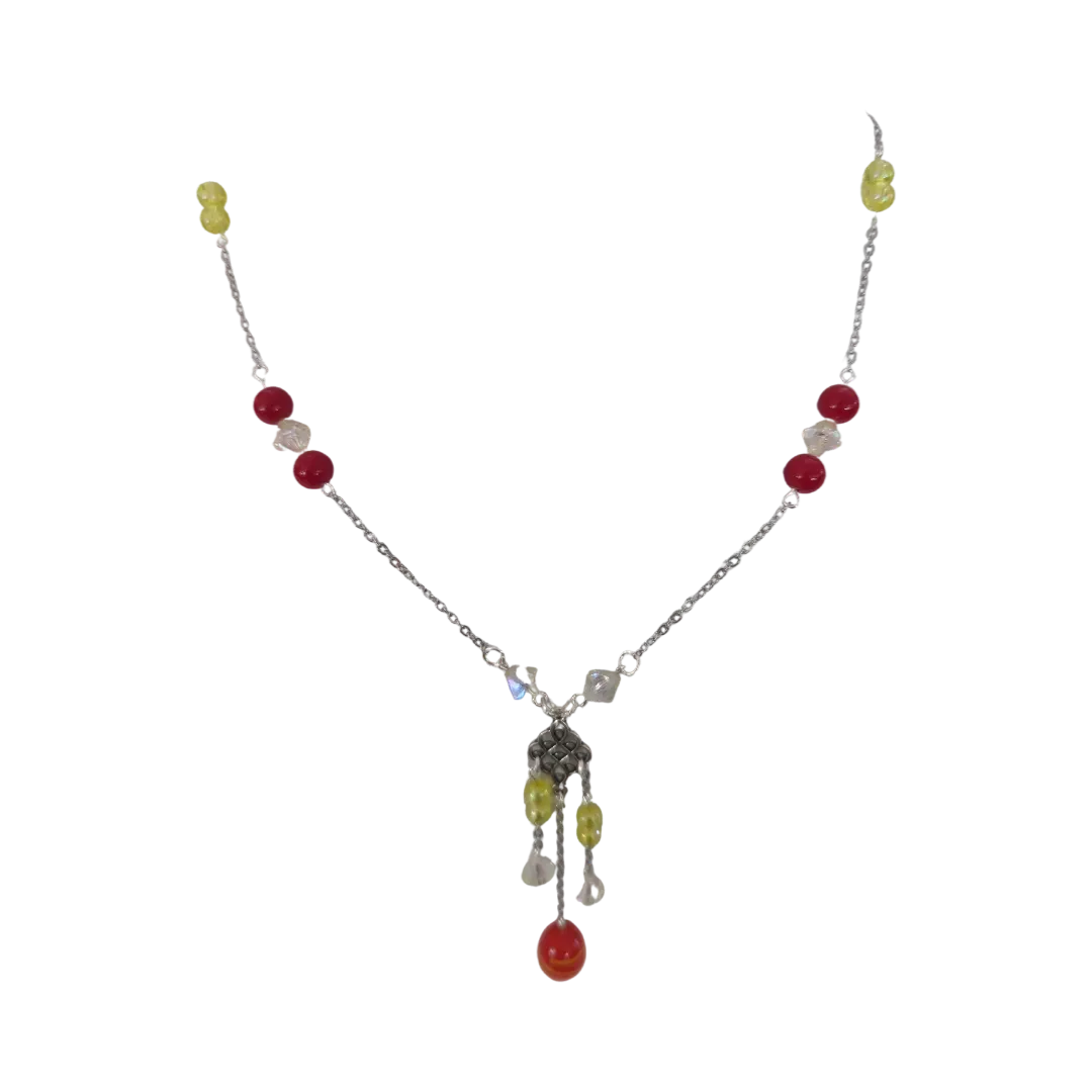 Necklace - 19 inches Accent glass bead with assorted color beads on Stainless Steel Cable Link Chain