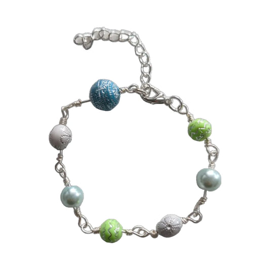 Bracelet - 7 inches blue, green, and white beads with silver lobster clasp