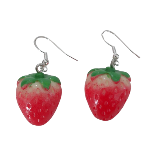 Earrings - 3D red strawberry on silver hook