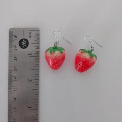 Earrings - 3D red strawberry on silver hook