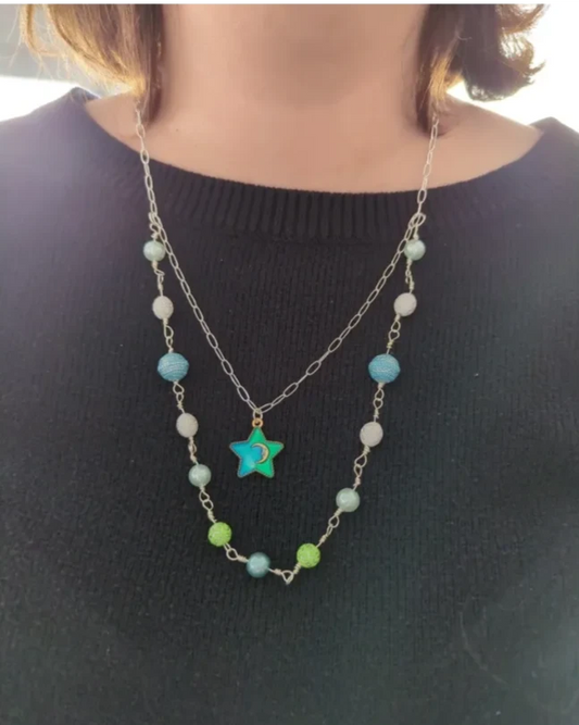 Necklace - 19 inches silver paperclip cable chain with blue/green moon star and blue, white, green beads