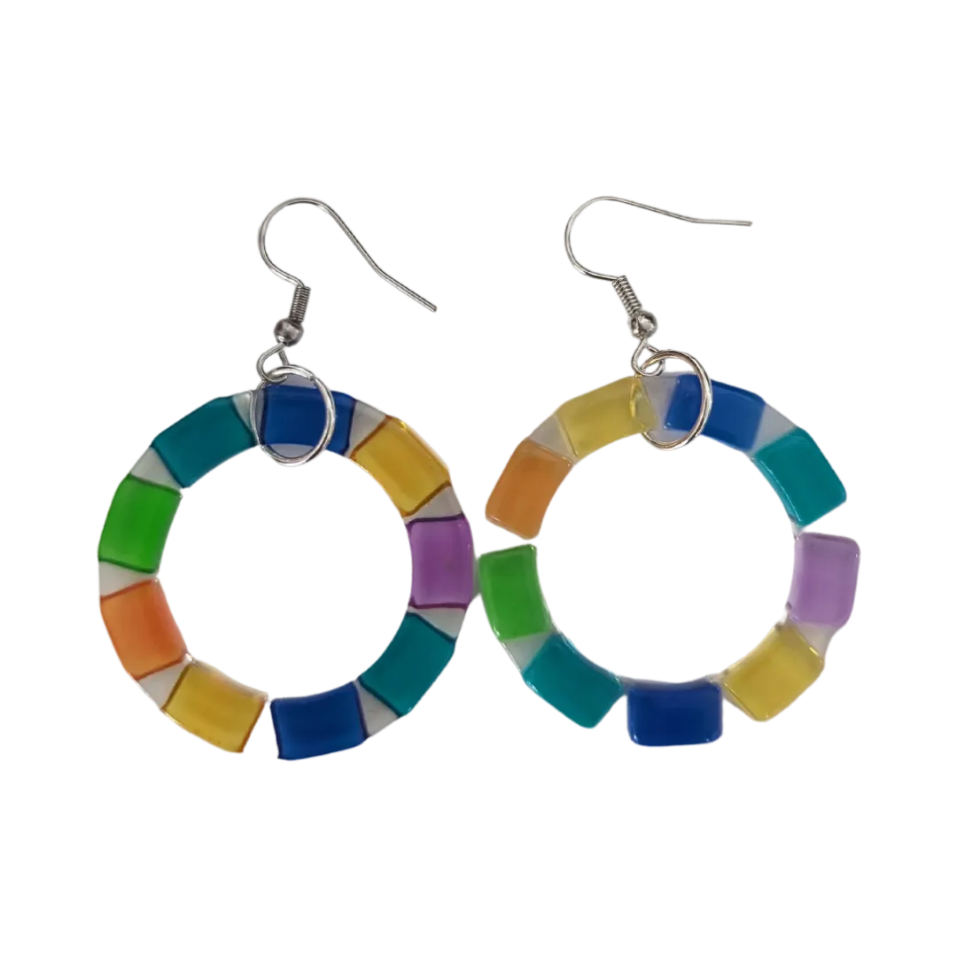 Earrings - Acrylic color pattern hoops on silver hook