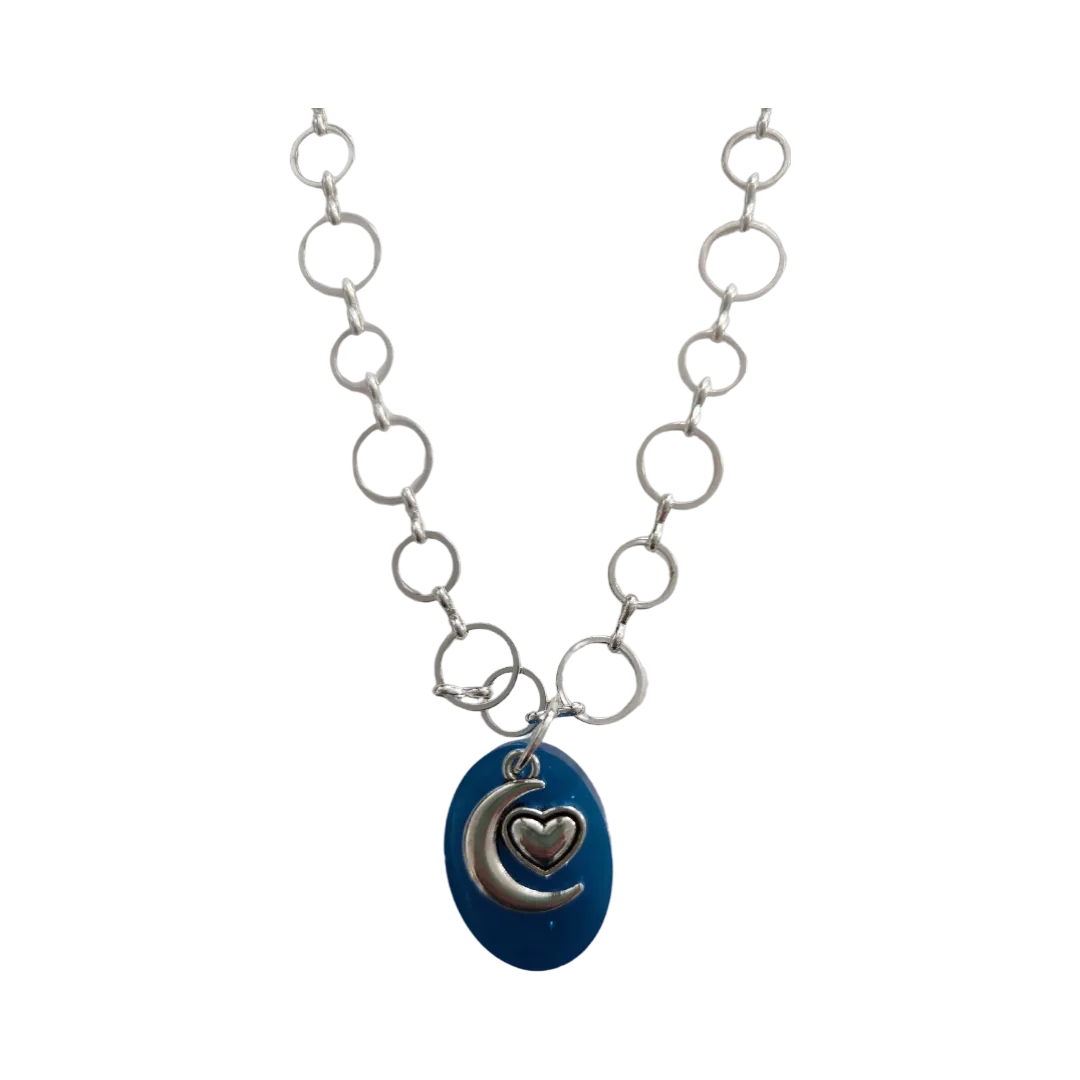 Necklace - 19 inches small blue glitter resin oval with silver moon heart charm brass chain