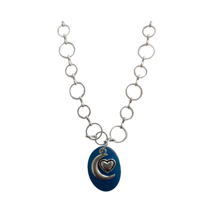 Necklace - 19 inches small blue glitter resin oval with silver moon heart charm brass chain