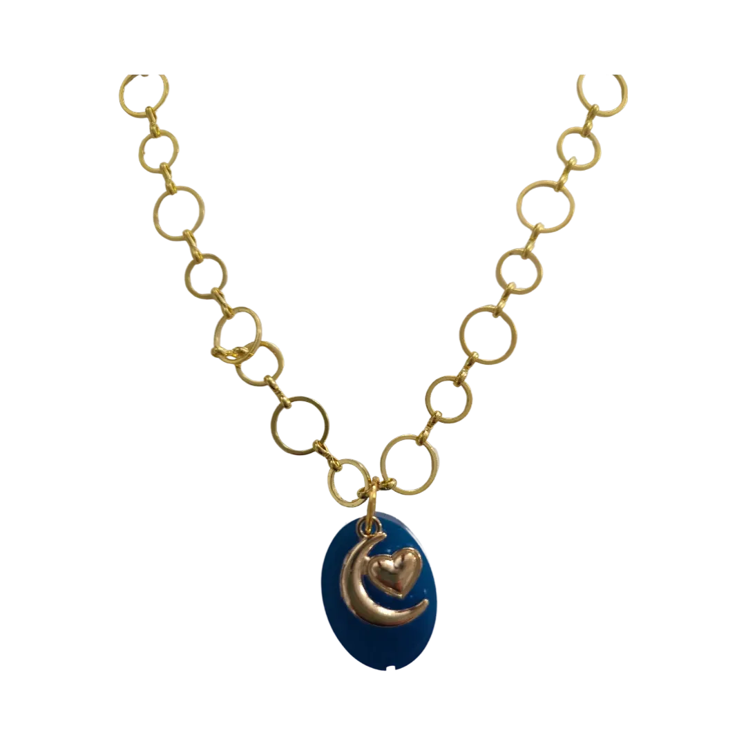 Necklace - 19 inches small blue glitter resin oval with silver moon heart charm brass chain