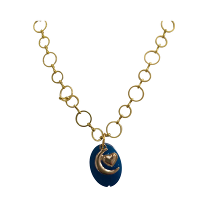 Necklace - 19 inches small blue glitter resin oval with silver moon heart charm brass chain