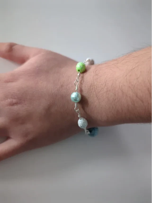 Bracelet - 7 inches blue, green, and white beads with silver lobster clasp