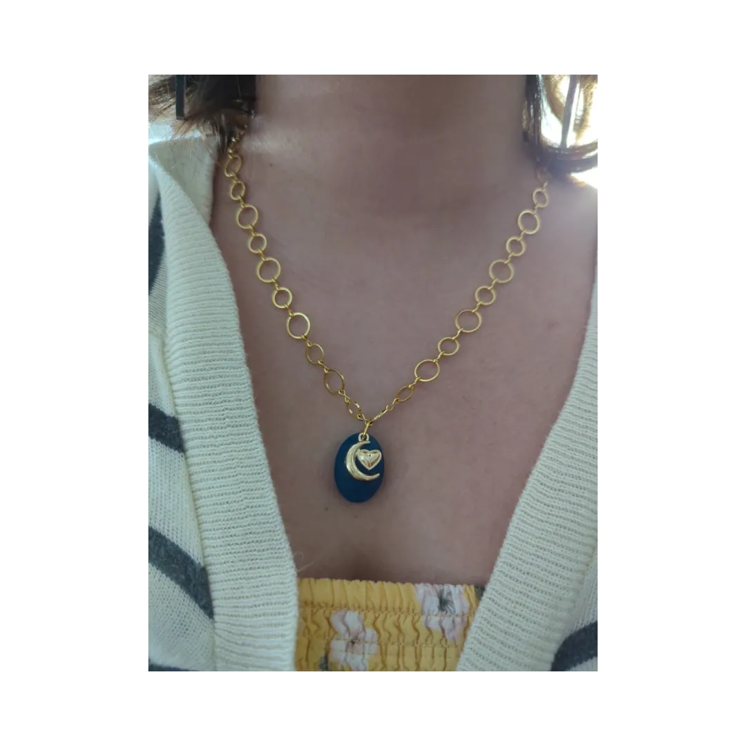 Necklace - 19 inches small blue glitter resin oval with silver moon heart charm brass chain