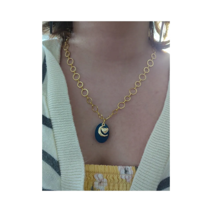 Necklace - 19 inches small blue glitter resin oval with silver moon heart charm brass chain