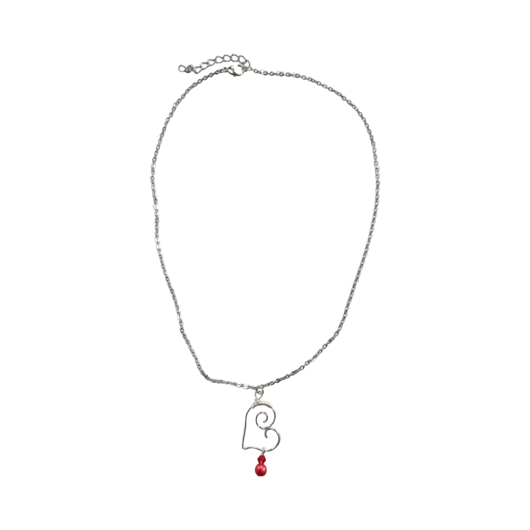 Necklace - 19 inches stainless steel cable link chain with silver heart charm with red beads