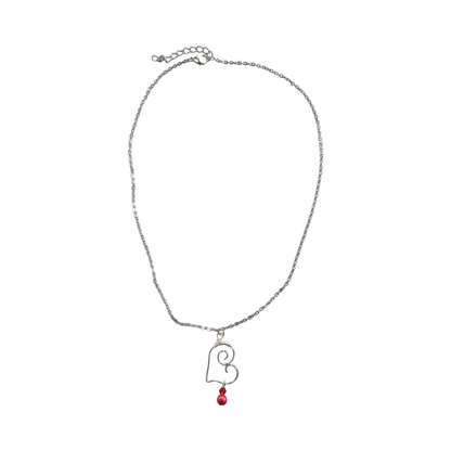 Necklace - 19 inches stainless steel cable link chain with silver heart charm with red beads