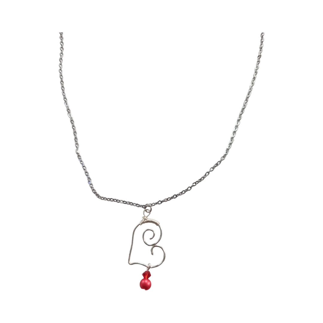 Necklace - 19 inches stainless steel cable link chain with silver heart charm with red beads