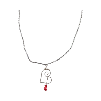 Necklace - 19 inches stainless steel cable link chain with silver heart charm with red beads