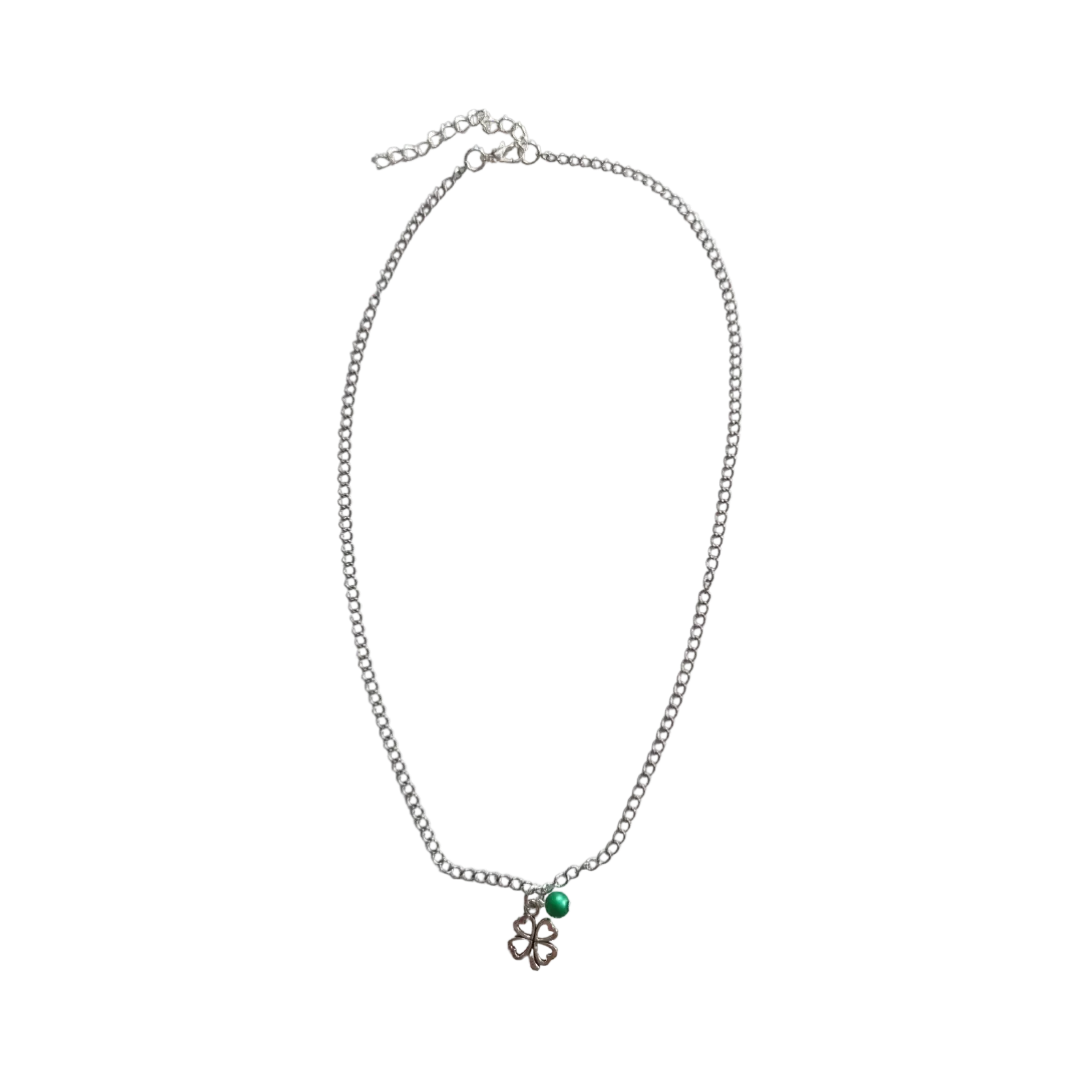 Necklace - 19 inches stainless steel curb chain with four leaf clover charm and green bead