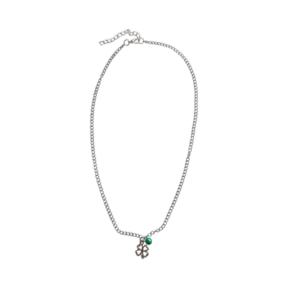 Necklace - 19 inches stainless steel curb chain with four leaf clover charm and green bead