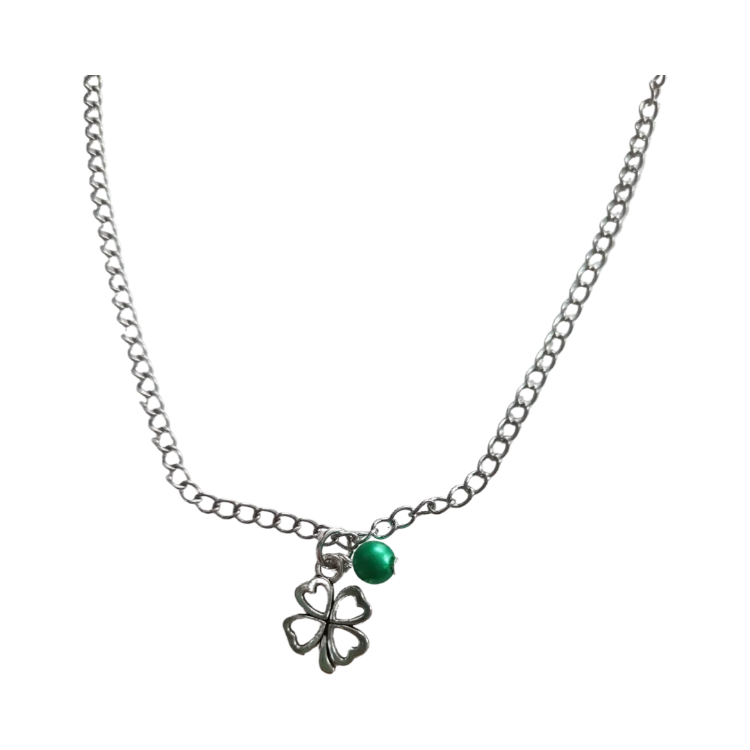 Necklace - 19 inches stainless steel curb chain with four leaf clover charm and green bead