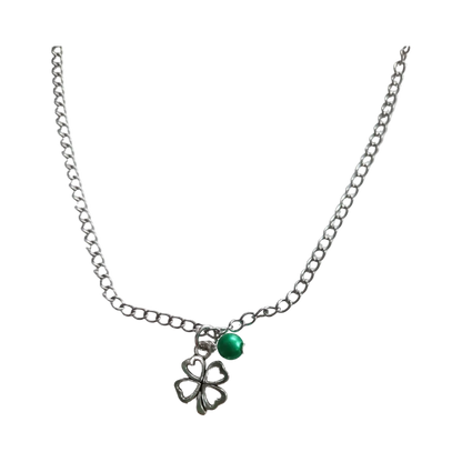 Necklace - 19 inches stainless steel curb chain with four leaf clover charm and green bead