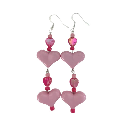 Earrings - Acrylic hearts and beads on silver hook (long)