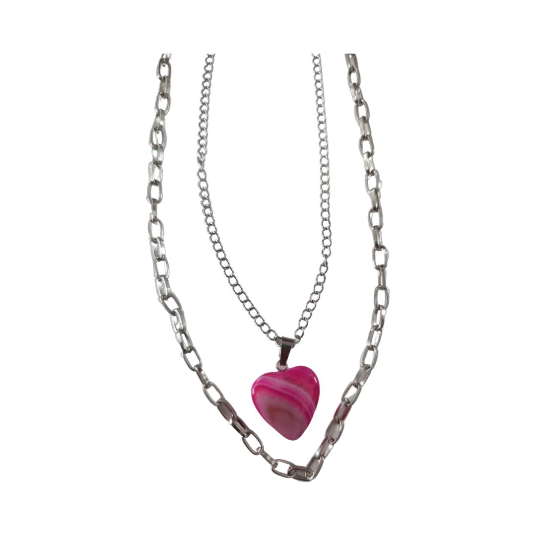 Necklace - 19 silver box chain 16 inches silver curb chain with pink heart