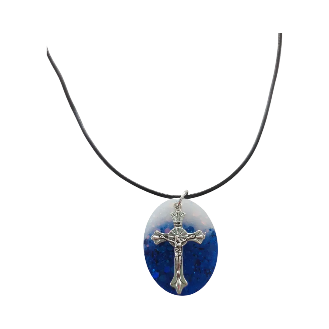 Necklace - 18 inches silver cross resin oval on braided black cord