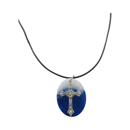 Necklace - 18 inches silver cross resin oval on braided black cord