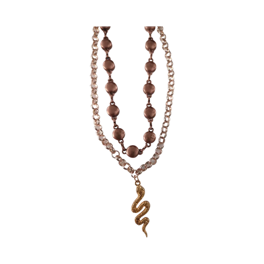 Necklace - 2 layered 18 inches rose gold cable chain and 10 inches specialty antique copper chain with gold snake charm