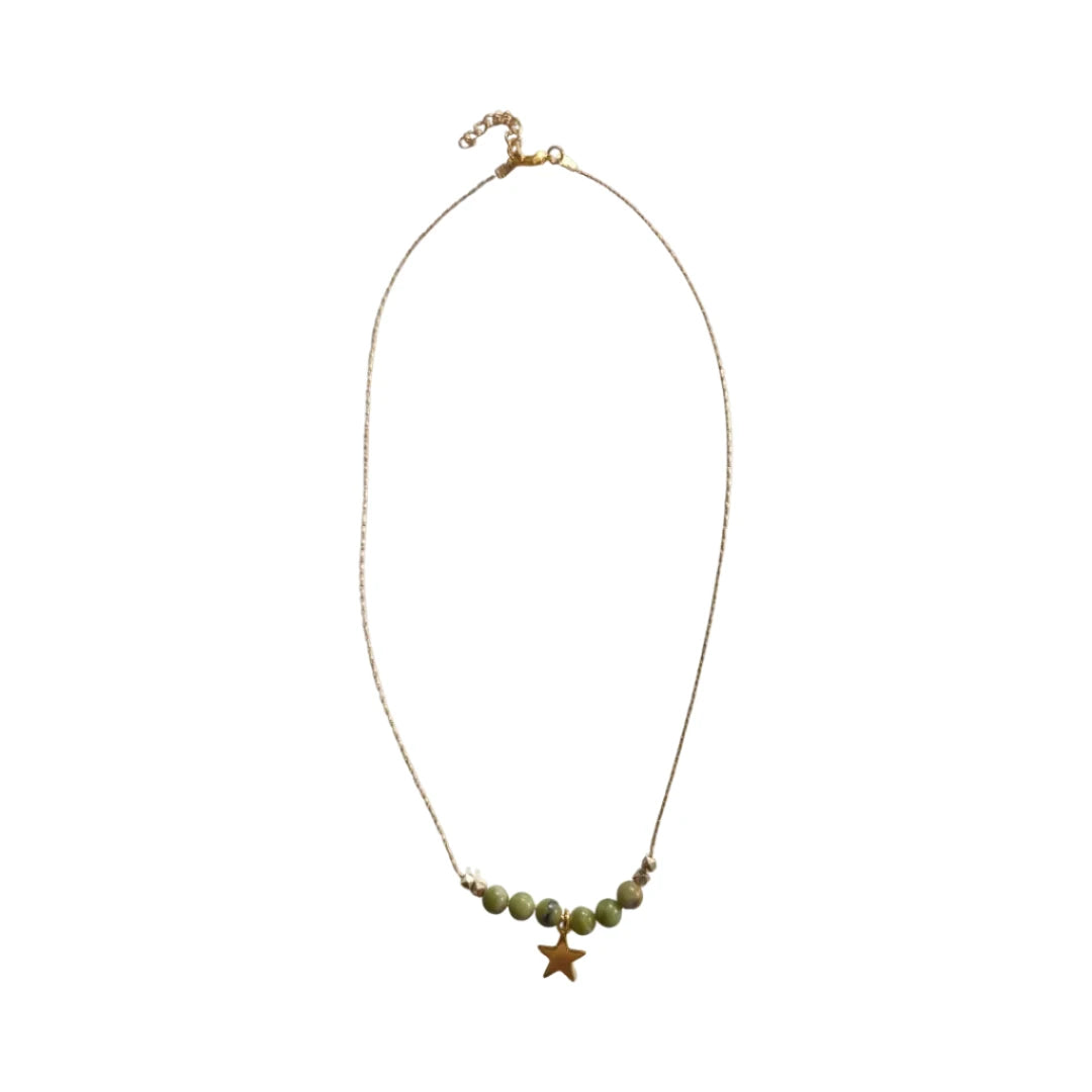 Necklace - 20 inches 6 mm natural green jade gemstone beads with gold star charm