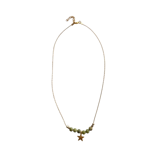 Necklace - 20 inches 6 mm natural green jade gemstone beads with gold star charm