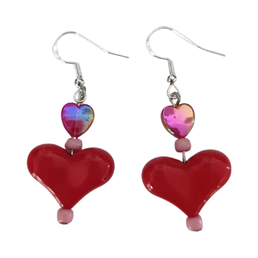 Earrings - Acrylic hearts and beads on silver hook (short)