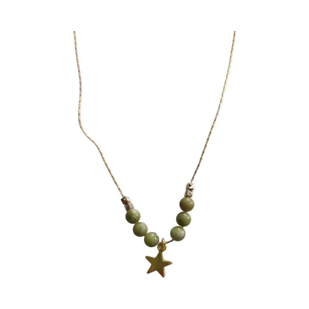 Necklace - 20 inches 6 mm natural green jade gemstone beads with gold star charm