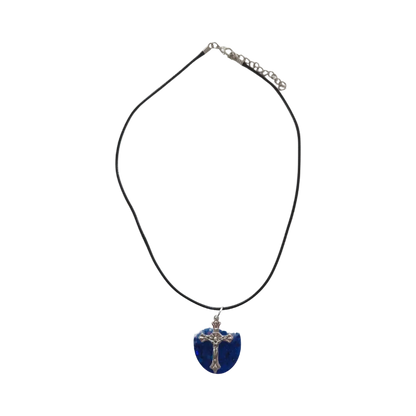 Necklace - 18 inches silver cross resin oval on braided black cord