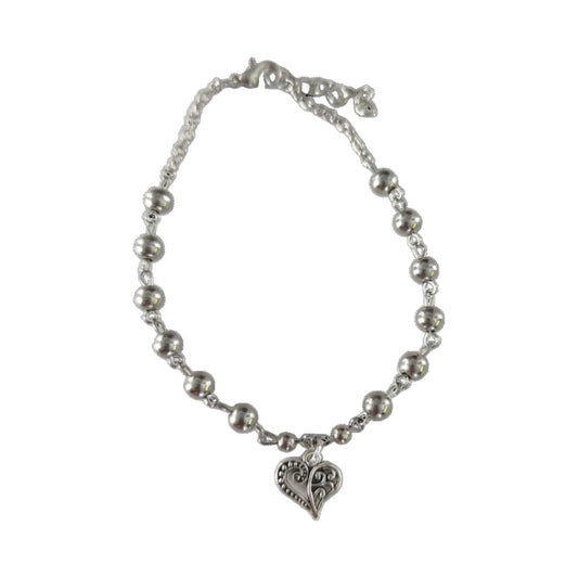 Anklet - 9 inches Small silver beads on chain with silver heart Anklet