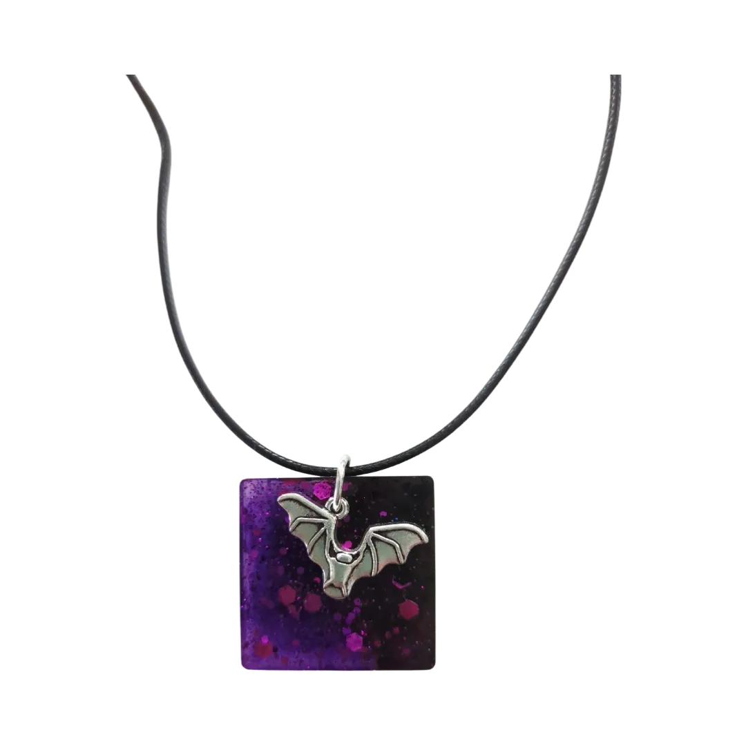 Necklace - 18 inches silver bat resin square on braided black cord